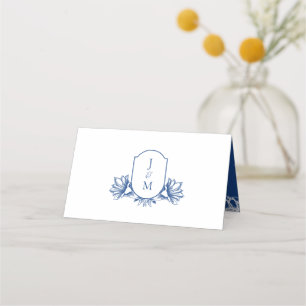 Elegant Wit & Blauw Botanisch Monogram Crest Plaatskaartje