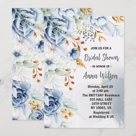 Elegant wit blauw en goud bloemig vrijgezellenfees kaart (Voorkant / Achterkant)