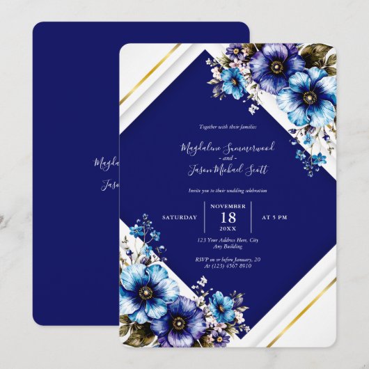 Elegant wit-blauw gouden lijst waterverf bloemen kaart (Voorkant / Achterkant)