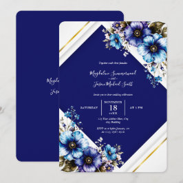 Elegant wit-blauw gouden lijst waterverf bloemen kaart