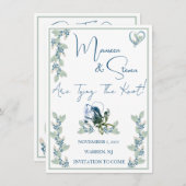 Elegant wit, blauw, & groen bloemen sparen de datu kaart (Voorkant / Achterkant)