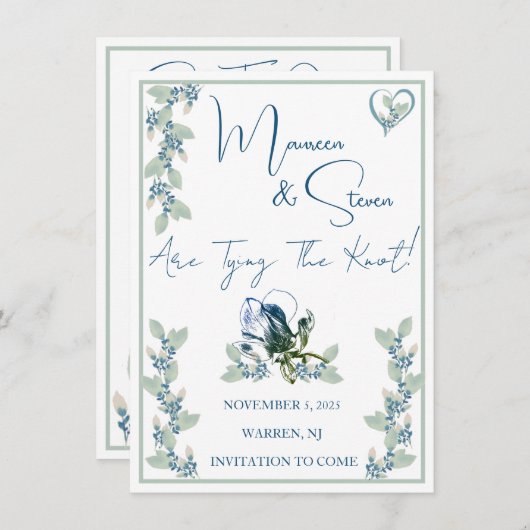 Elegant wit, blauw, & groen bloemen sparen de datu kaart (Voorkant / Achterkant)