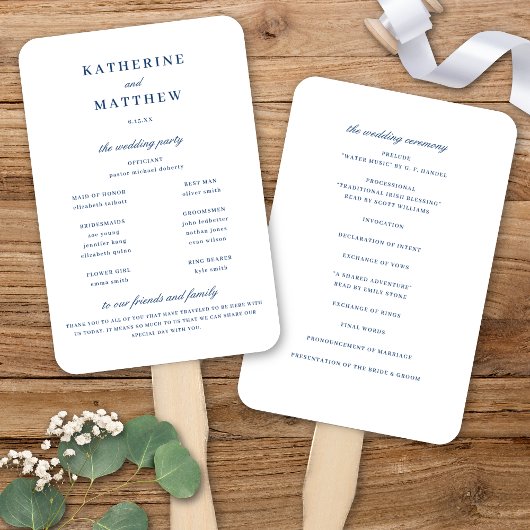 Elegant Wit & Blauw Huwelijksceremonie Programma Handwaaier