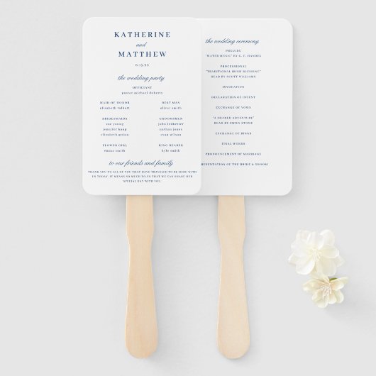 Elegant Wit & Blauw Huwelijksceremonie Programma Handwaaier (Voorkant en achterkant)