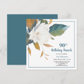 Elegant Wit Blauwgroen Bloemen 90ste Verjaardagsfe Kaart (Voorkant / Achterkant)