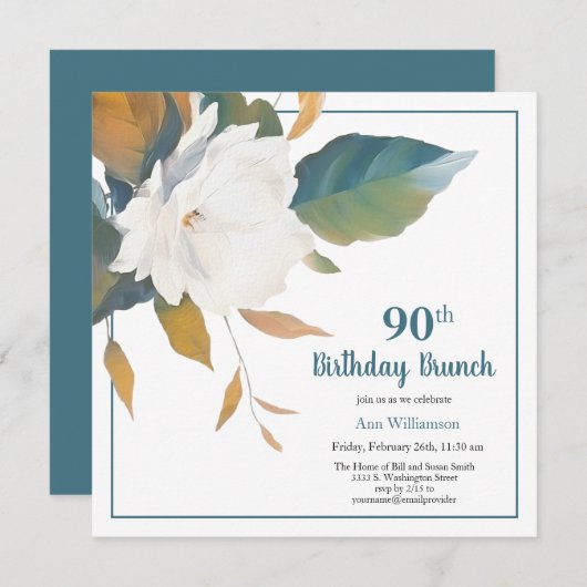 Elegant Wit Blauwgroen Bloemen 90ste Verjaardagsfe Kaart (Voorkant / Achterkant)