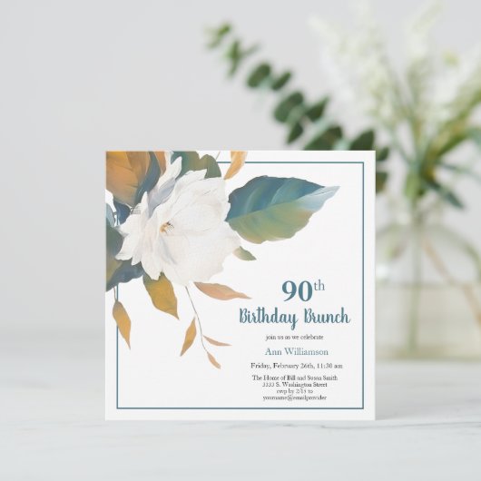 Elegant Wit Blauwgroen Bloemen 90ste Verjaardagsfe Kaart (Staand voorkant)