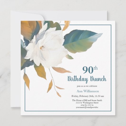 Elegant Wit Blauwgroen Bloemen 90ste Verjaardagsfe Kaart (Voorkant)