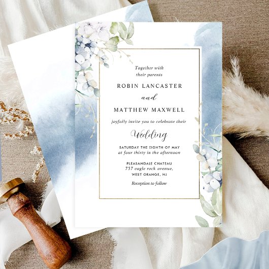 Elegant wit, Bleek blauw bloemenbruiloft Waterverf Kaart