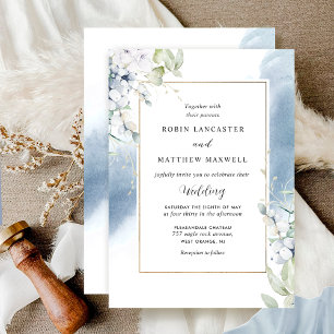 Elegant wit, Bleek blauw bloemenbruiloft Waterverf Kaart
