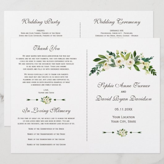 Elegant Wit Blociend Bloem Bruiloftsprogramma (Voorkant / Achterkant)