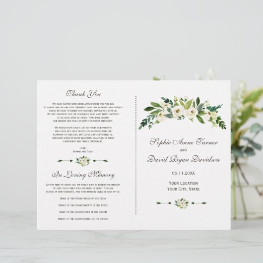 Elegant Wit Bloeiend Bloem Bruiloftsprogramma (Staand voorkant)