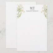 Elegant Wit Bloem Wildbloem Klassiek Monogram Briefpapier (Voorkant / Achterkant)
