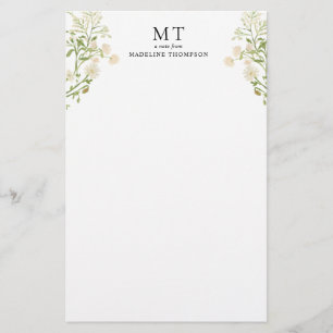 Elegant Wit Bloem Wildbloem Klassiek Monogram Briefpapier