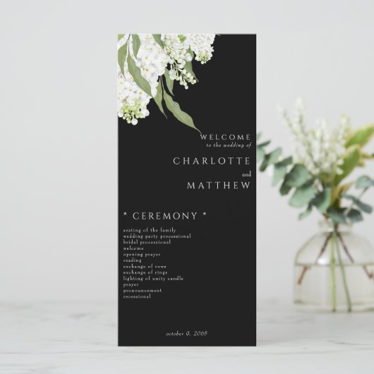 Elegant wit bloemen B/W bruiloft programma (Staand voorkant)