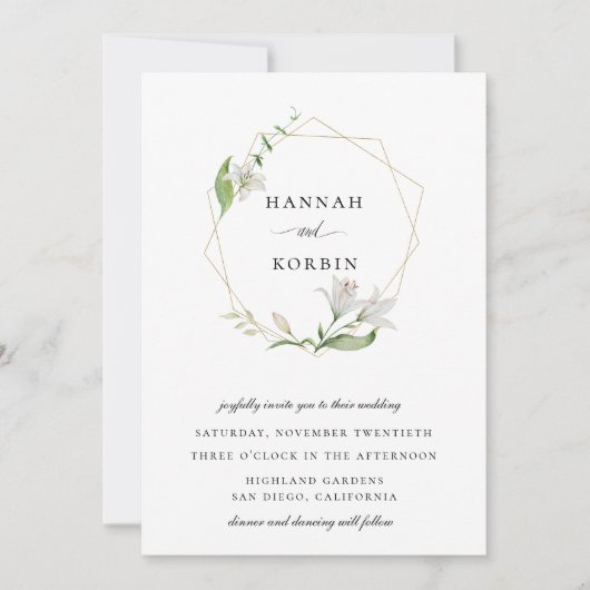 Elegant Wit Bloemen Goud Geometrisch Lijst Bruilof Kaart (Voorkant)