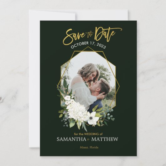 Elegant Wit Bloemen Goud Zwart Geometrisch Foto Save The Date (Voorkant)