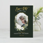 Elegant Wit Bloemen Goud Zwart Geometrisch Foto Save The Date (Staand voorkant)