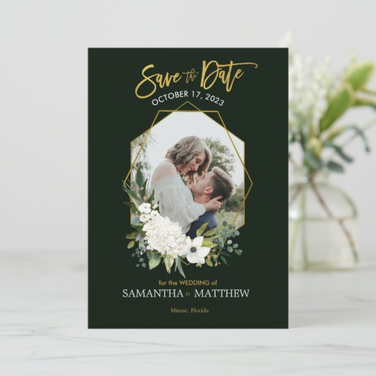 Elegant Wit Bloemen Goud Zwart Geometrisch Foto Save The Date (Staand voorkant)