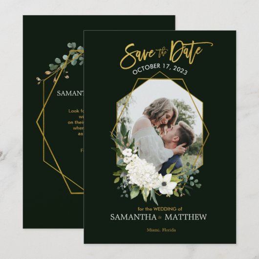 Elegant Wit Bloemen Goud Zwart Geometrisch Foto Save The Date (Voorkant / Achterkant)