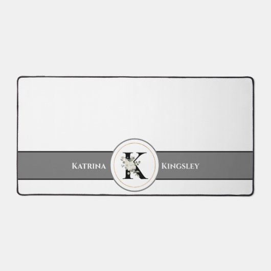 Elegant Wit Bloemen Monogram & Naam op Wit Bureaumat (Voorkant)