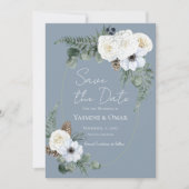 Elegant Wit Bloemen Stoffig Blauw Save the Date Kaart (Voorkant)