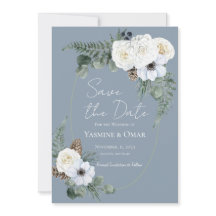 Elegant Wit Bloemen Stoffig Blauw Save the Date