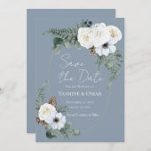 Elegant Wit Bloemen Stoffig Blauw Save the Date Kaart (Voorkant / Achterkant)