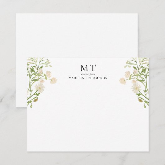 Elegant wit bloemen wilde bloem klassieke monogram notitiekaartje (Voorkant / Achterkant)