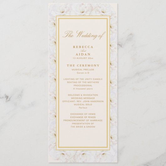 Elegant Wit Bloemendesign Ivoor Goud Trouwprogramm Programmakaart (Voorkant)