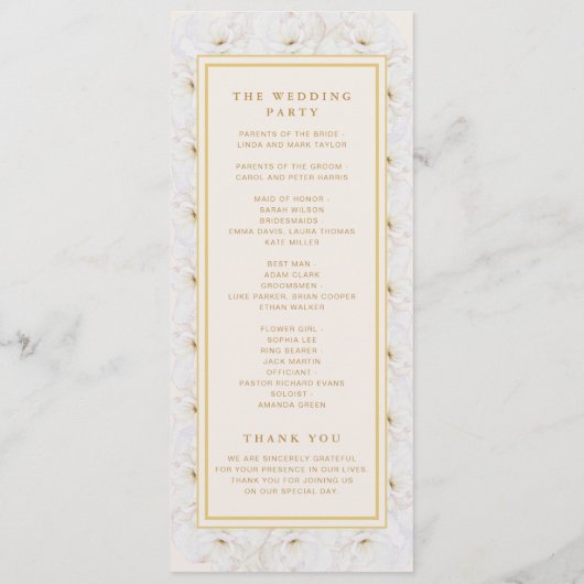 Elegant Wit Bloemendesign Ivoor Goud Trouwprogramm Programmakaart (Achterkant)