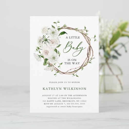 Elegant wit bloemengroen Eenvoudig Baby shower Kaart (Staand voorkant)