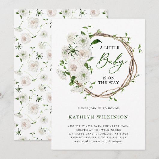 Elegant wit bloemengroen Eenvoudig Baby shower Kaart (Voorkant / Achterkant)