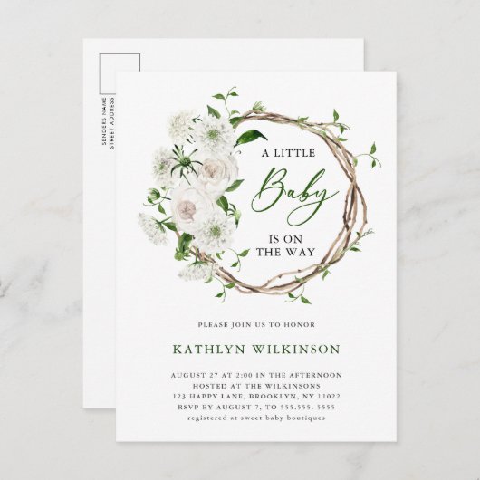 Elegant wit bloemengroen Eenvoudig Baby shower Uitnodiging Briefkaart (Voorkant / Achterkant)