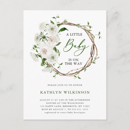 Elegant wit bloemengroen Eenvoudig Baby shower Uitnodiging Briefkaart (Voorkant)