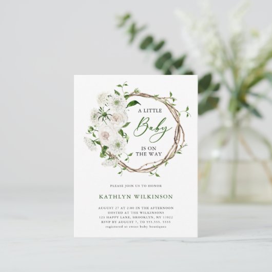 Elegant wit bloemengroen Eenvoudig Baby shower Uitnodiging Briefkaart (Staand voorkant)