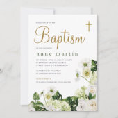 Elegant wit bloemengroen met kruisdoop kaart (Voorkant)