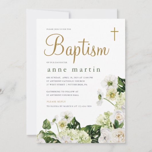 Elegant wit bloemengroen met kruisdoop kaart (Voorkant)