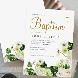 Elegant wit bloemengroen met kruisdoop kaart