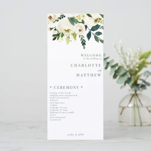 Elegant wit bloemengroen & wit bruiloft programma (Staand voorkant)