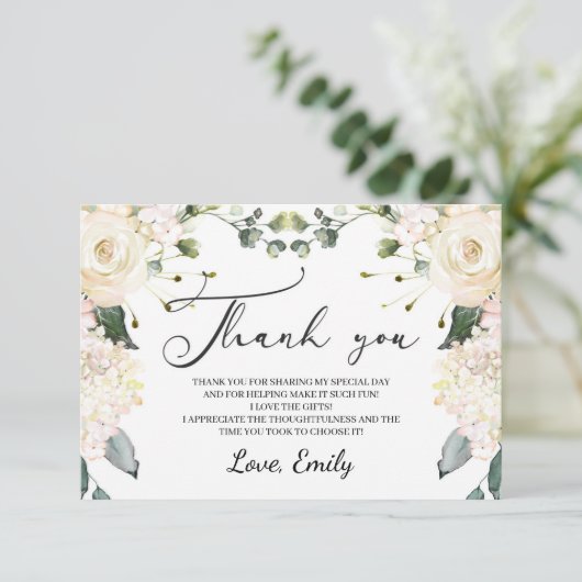 Elegant wit bloemenhydrangea gouden vrijgezellenfe bedankkaart (Staand voorkant)