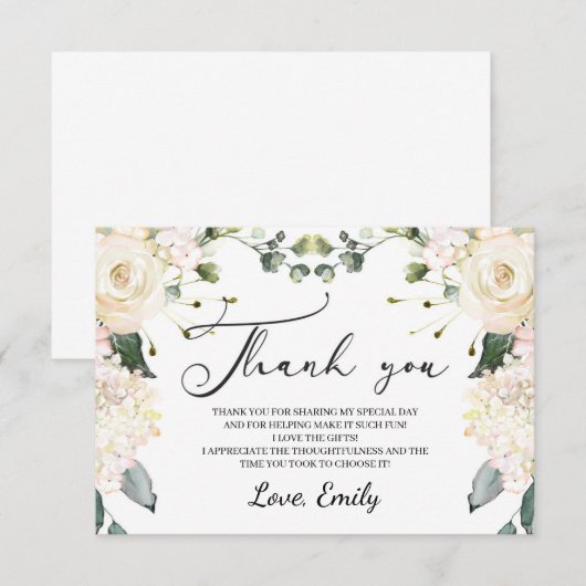 Elegant wit bloemenhydrangea gouden vrijgezellenfe bedankkaart (Voorkant / Achterkant)