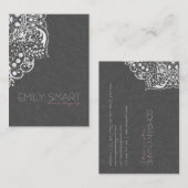 Elegant wit bloemenkant & grijs damast visitekaartje (Voorkant / Achterkant)