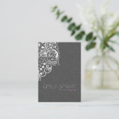 Elegant wit bloemenkant & grijs damast visitekaartje (Staand voorkant)
