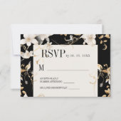 Elegant wit bloemenontwerp op zwarte bruiloft RSVP kaartje (Voorkant)