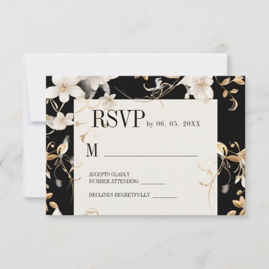 Elegant wit bloemenontwerp op zwarte bruiloft RSVP kaartje (Voorkant)