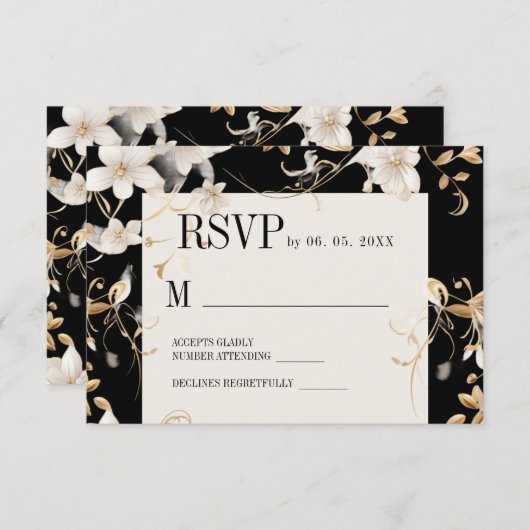 Elegant wit bloemenontwerp op zwarte bruiloft RSVP kaartje (Voorkant / Achterkant)