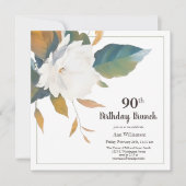 Elegant wit bloemig 90ste verjaardagsfeestje kaart (Voorkant)