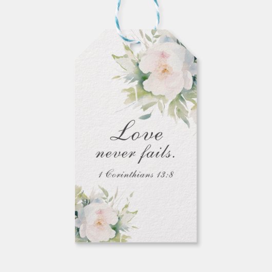 Elegant wit bloemig dank u bruiloft bijbel vers cadeaulabel (Achterkant)