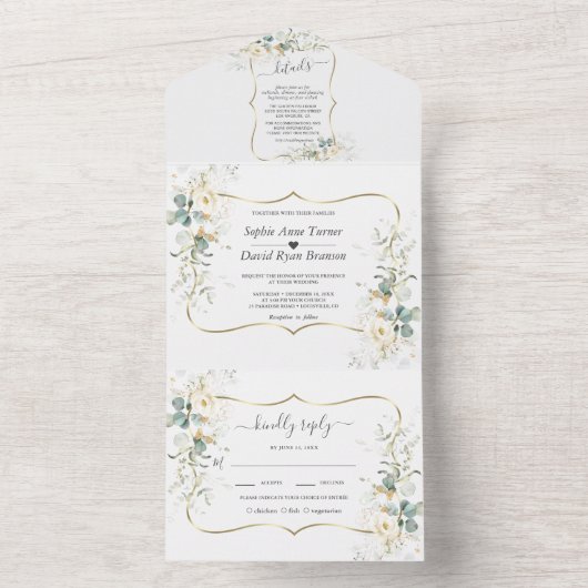 Elegant Wit Bloemig Eucalyptus Gouden Trouw   All In One Uitnodiging (Binnen)